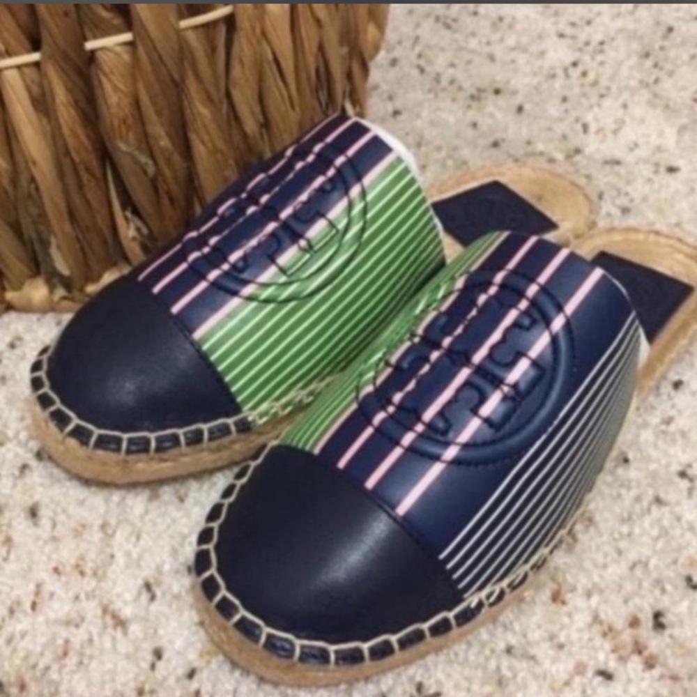🆕 Striped Navy Espadrille Mule with Pink & Green Accents! 💥 - Picture 3 of 7